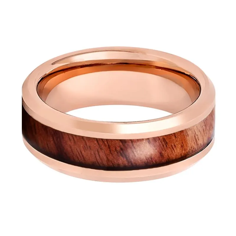 RUSTIC | Rose Gold Tungsten Ring, Koa Wood Inlay, Beveled