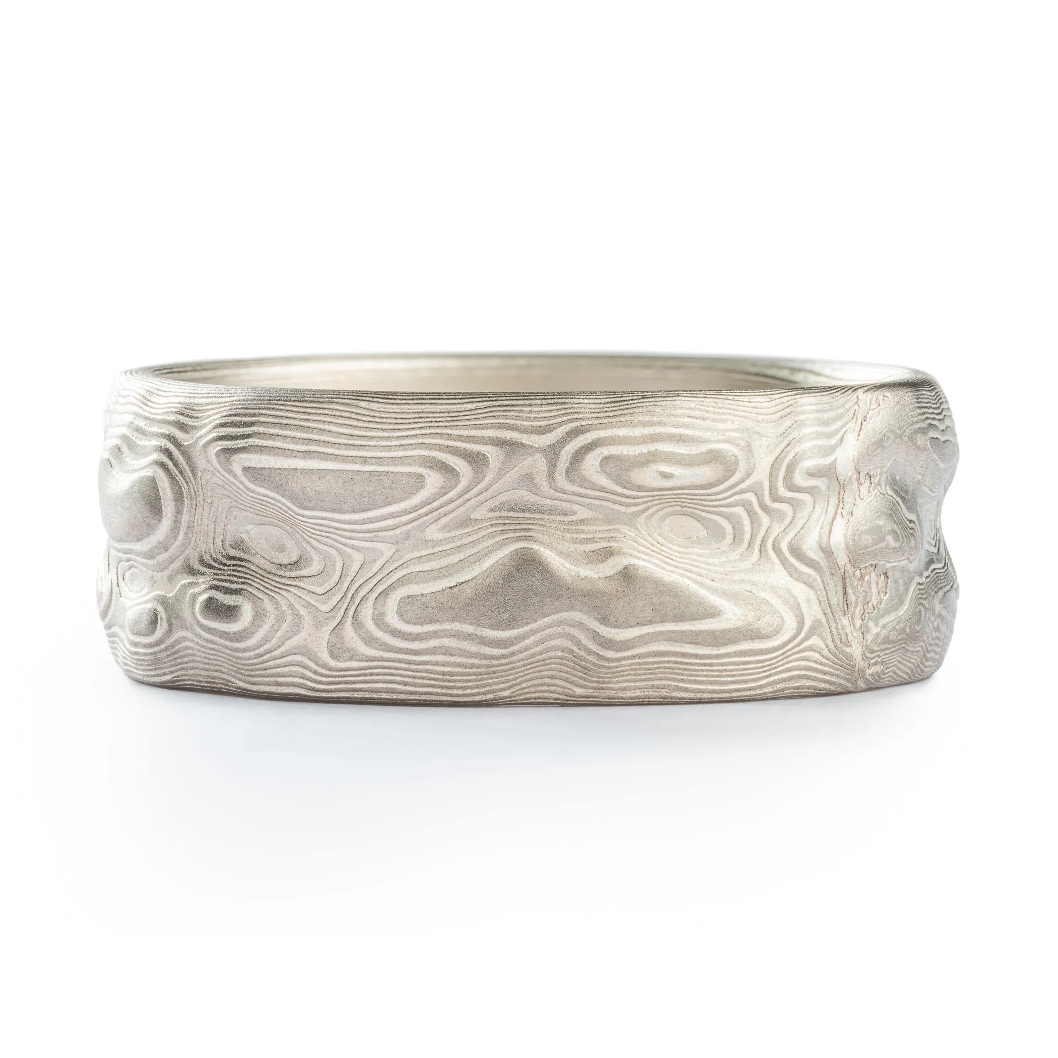 Rustic Silver Mokume Gane Ring Wedding Band in Guri Bori Pattern and Ash Palette