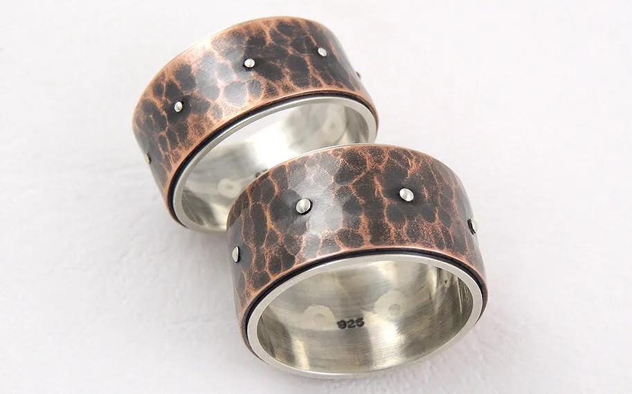 Rustic wide wedding ring set