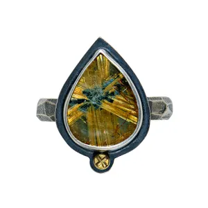 Rutilated Quartz Ring - Sterling Silver   18k Gold - Size 7.75