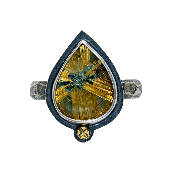 Rutilated Quartz Ring - Sterling Silver   18k Gold - Size 7.75