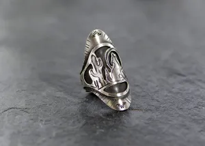 Saddle ring in sterling silver with howling coyote and Saguaro cactus