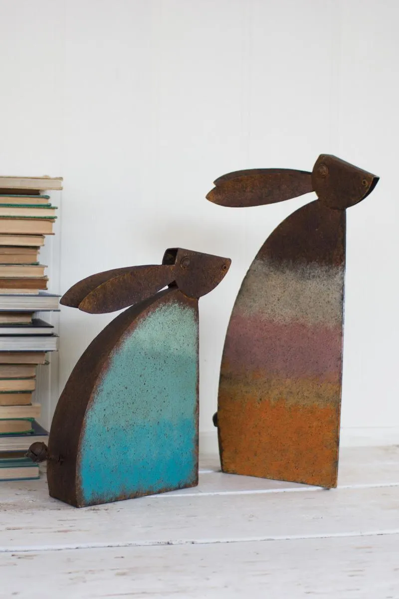 Set of 2 Rustic Metal Rabbits with Colored Detail