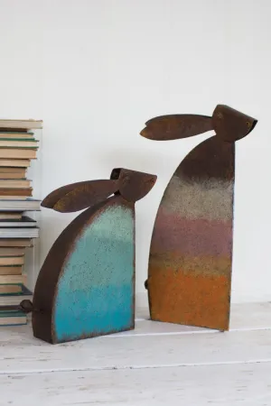 Set of 2 Rustic Metal Rabbits with Colored Detail
