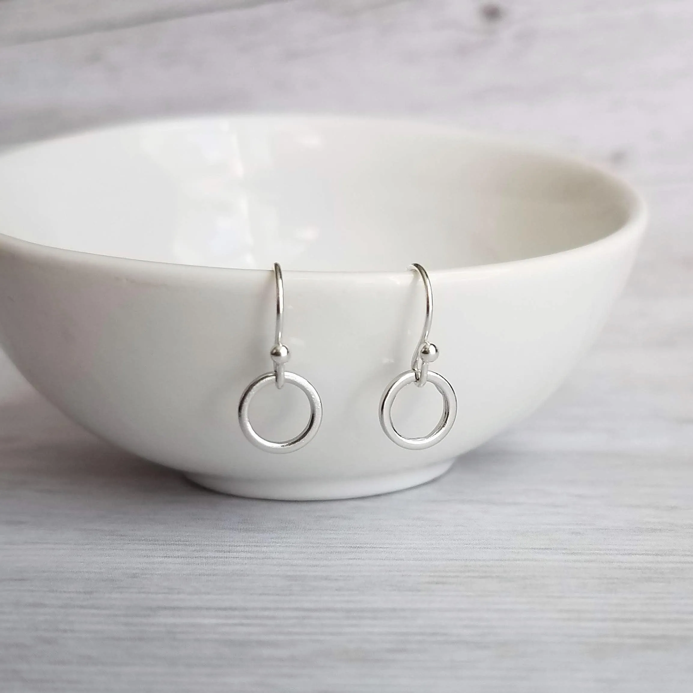 Silver Hoop Earrings - tiny little simple circle rings dangle from small ball ear hooks - minimalist delicate lightweight - gifts for her