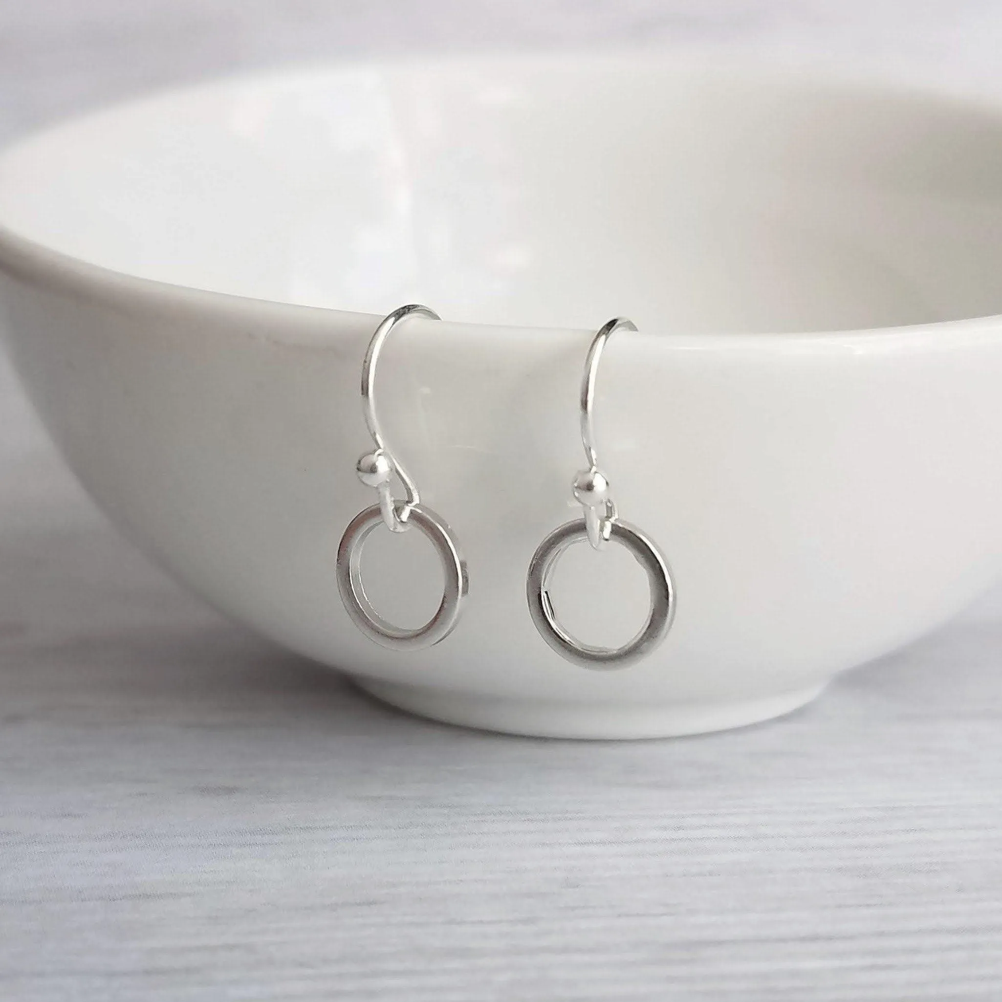 Silver Hoop Earrings - tiny little simple circle rings dangle from small ball ear hooks - minimalist delicate lightweight - gifts for her