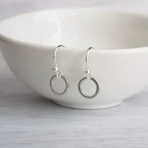 Silver Hoop Earrings - tiny little simple circle rings dangle from small ball ear hooks - minimalist delicate lightweight - gifts for her