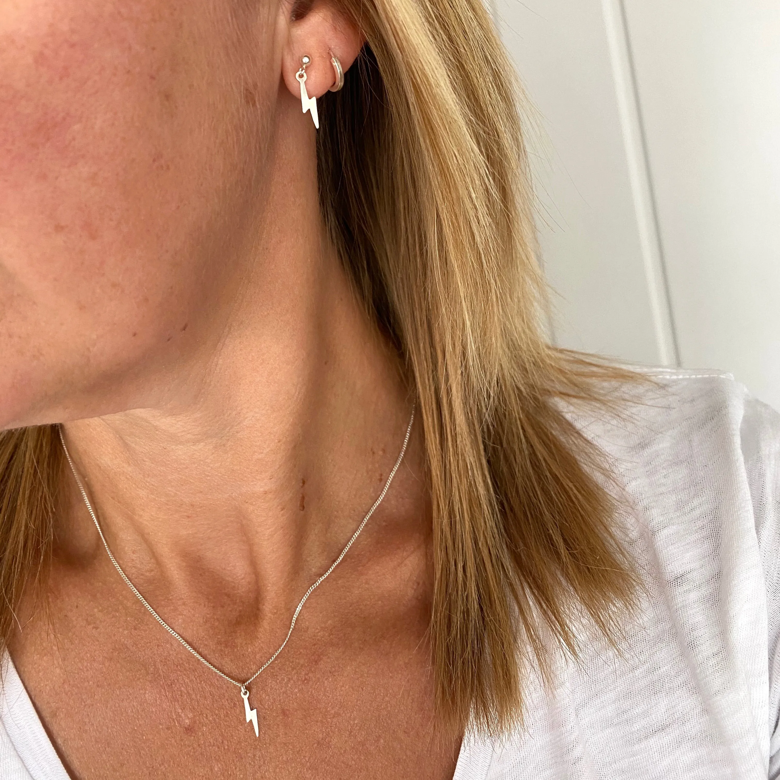 Silver Lightning Bolt Necklace & Earring Set