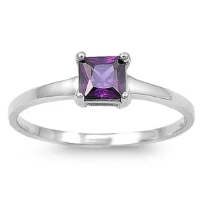 Small Princess Cut Square Amethyst CZ Solitaire Sterling Silver Ring Sizes 4-10