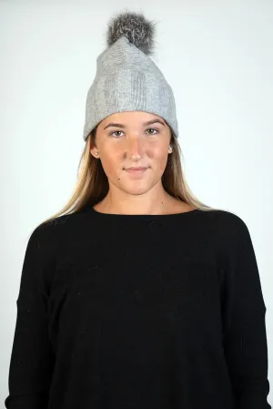 Soft Grey 100% Cashmere Hat w/ Fox PomPom
