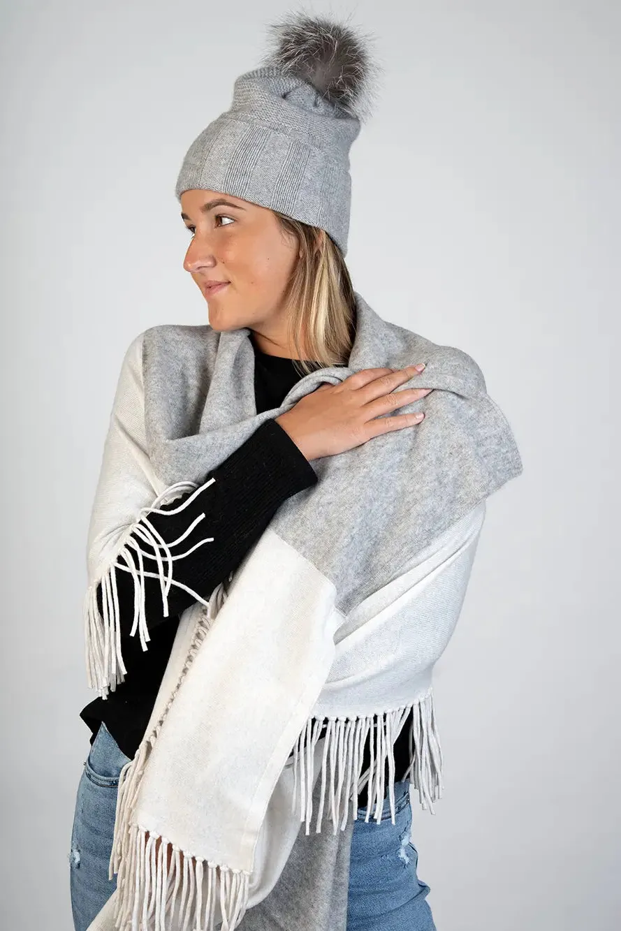 Soft Grey 100% Cashmere Hat w/ Fox PomPom