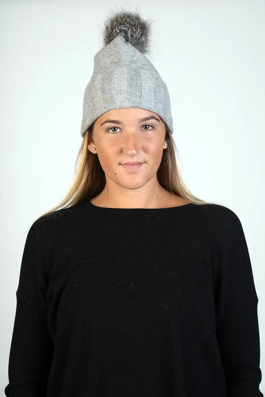 Soft Grey 100% Cashmere Hat w/ Fox PomPom