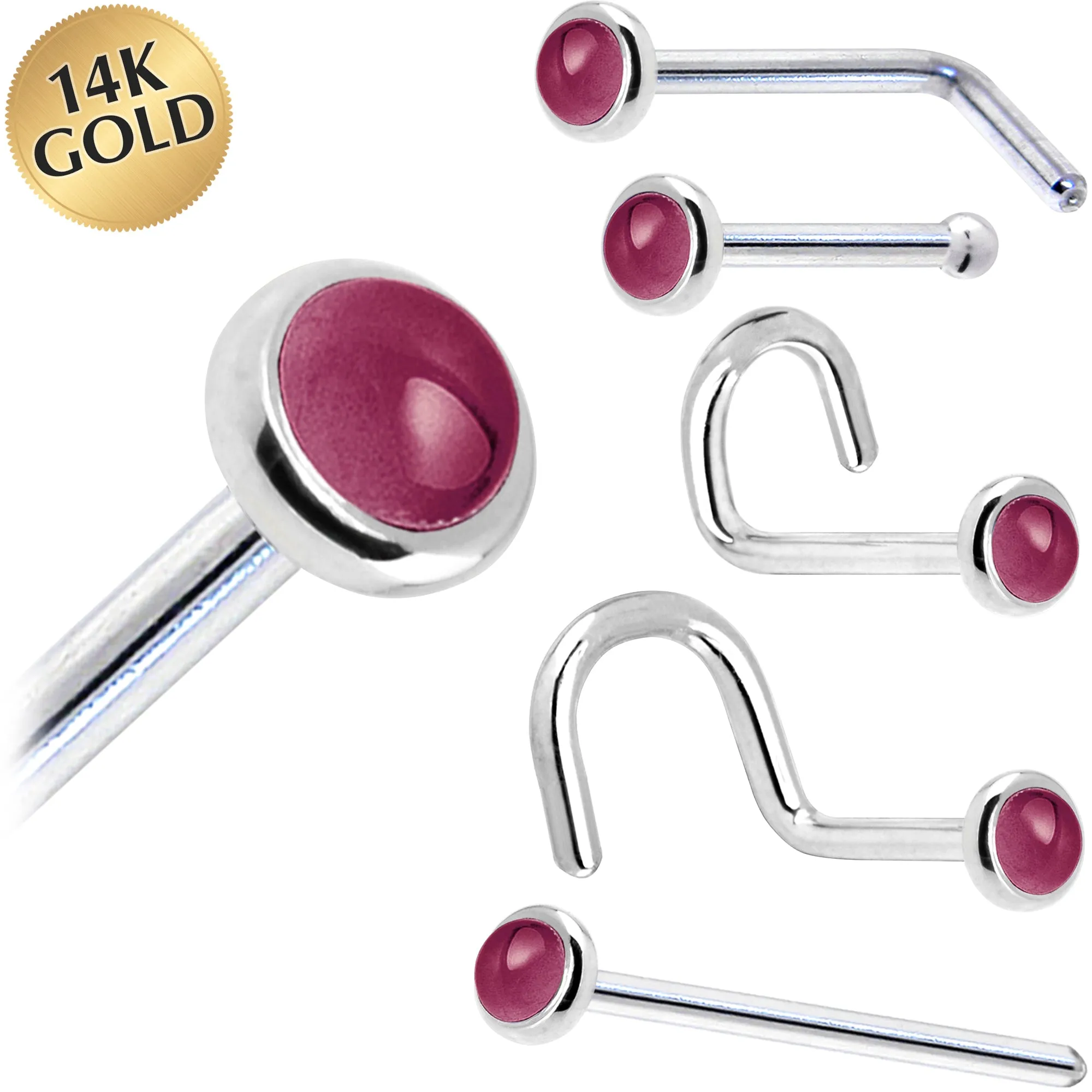 Solid 14KT White Gold 2mm Genuine Raspberry Rhodolite Garnet Nose Ring