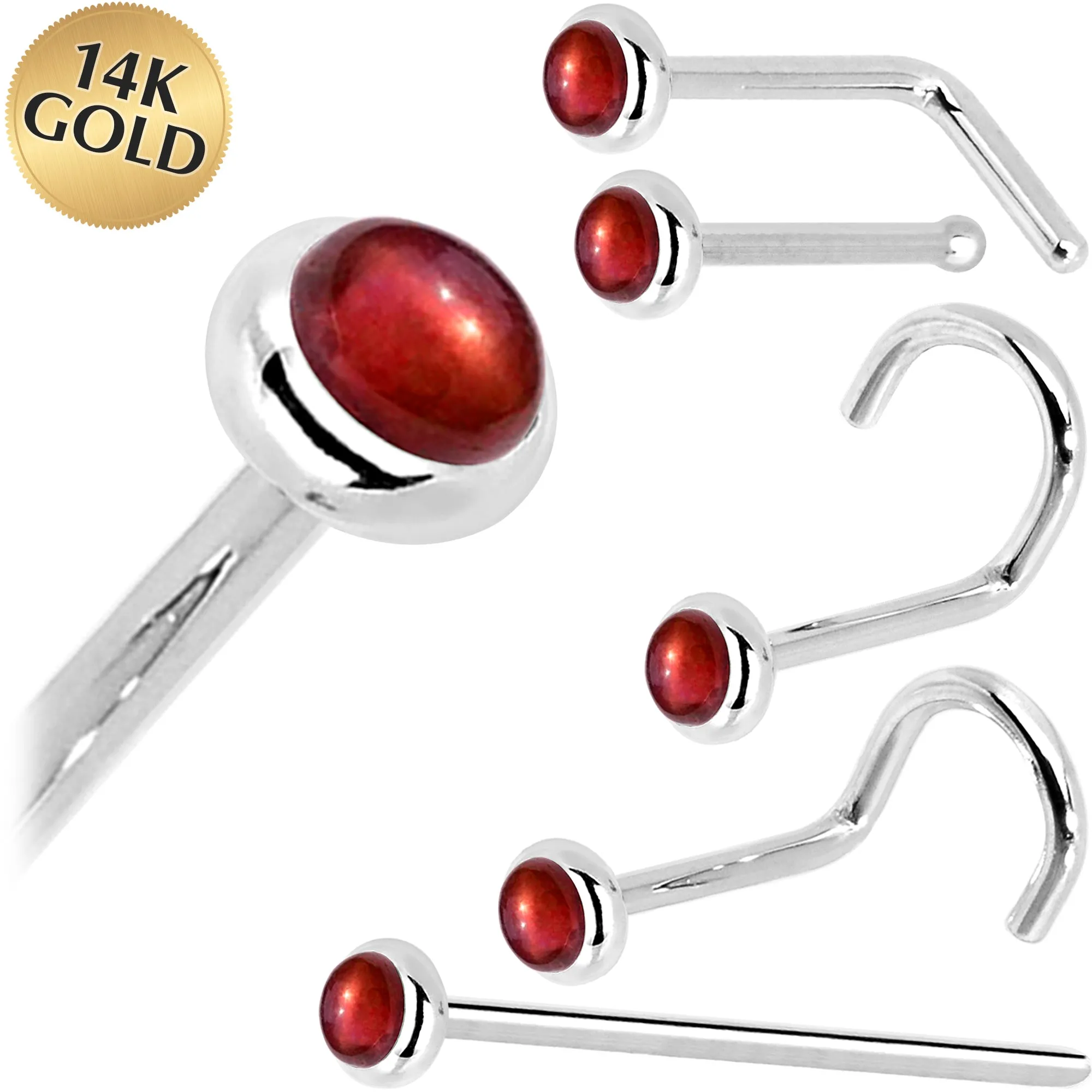 Solid 14KT White Gold 2mm Red Garnet Nose Ring