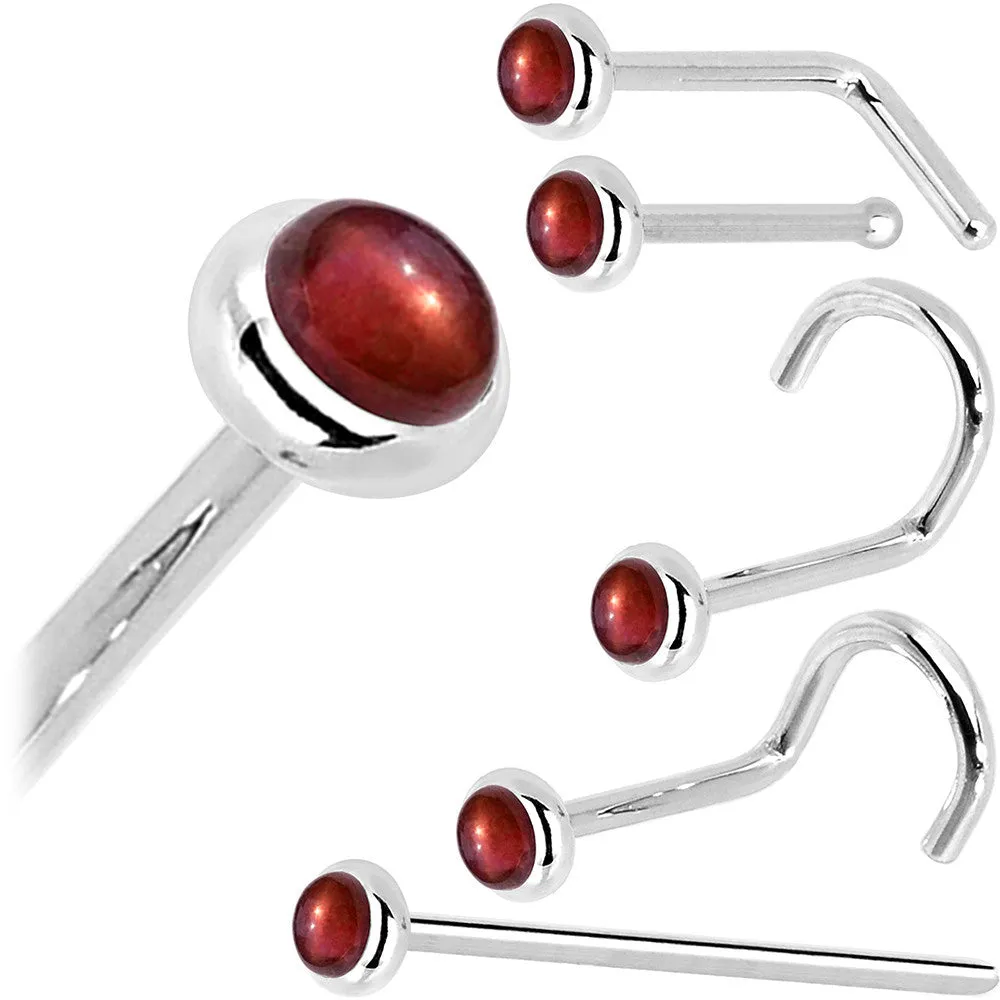 Solid 14KT White Gold 2mm Red Garnet Nose Ring