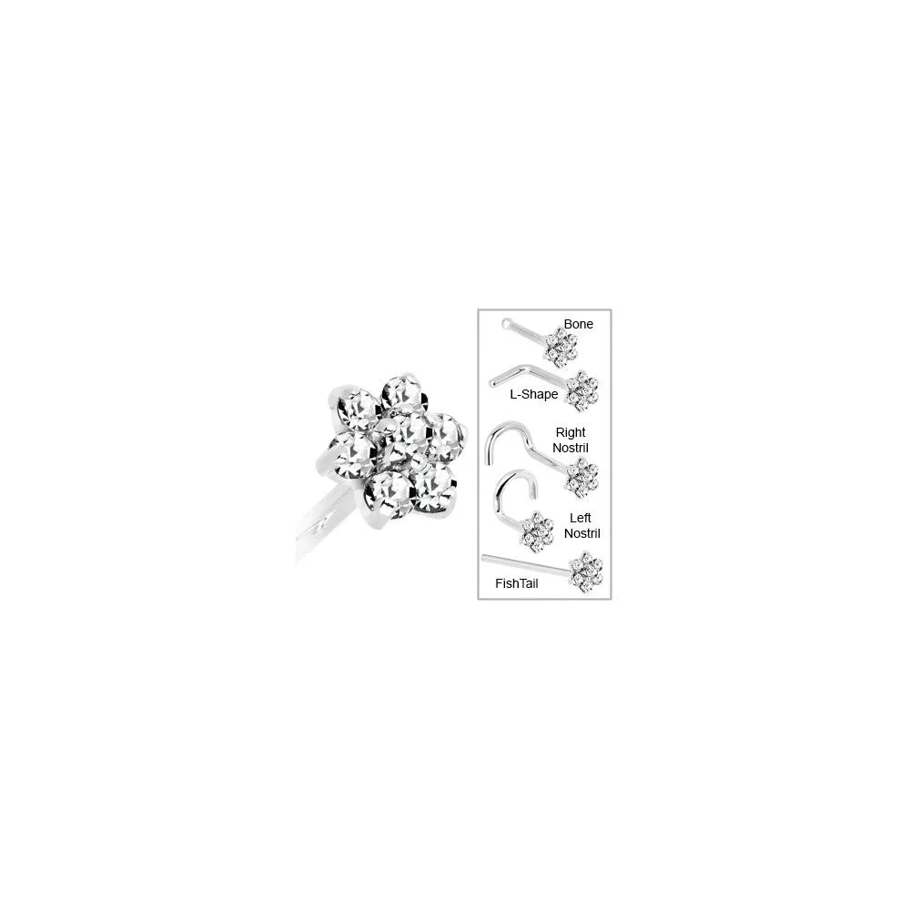 Solid 14KT White Gold Clear Cubic Zirconia Flower Nose Ring