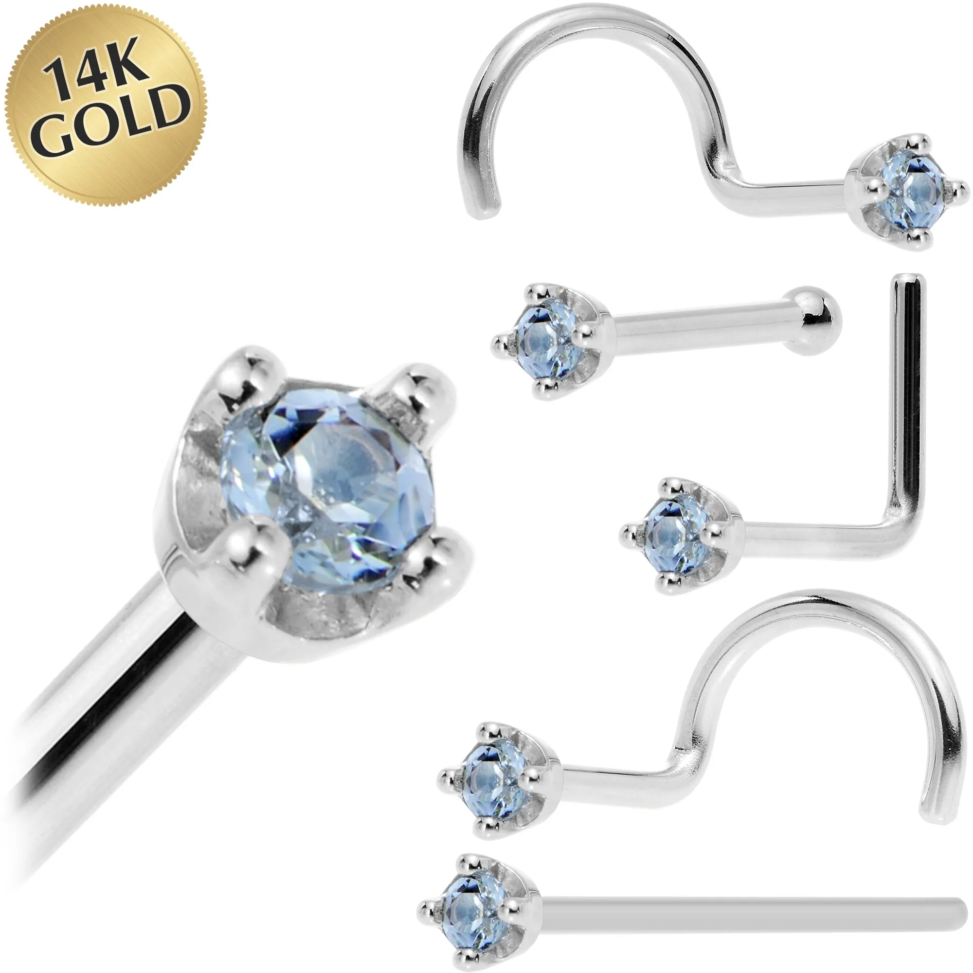 Solid 14KT White Gold (December) 1.5mm Genuine Topaz Nose Ring