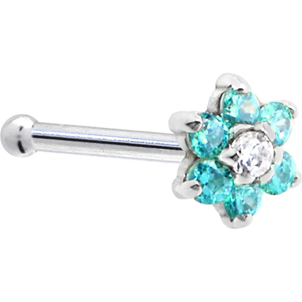 Solid 14KT White Gold Mint Green and Clear Cubic Zirconia Flower Nose Ring