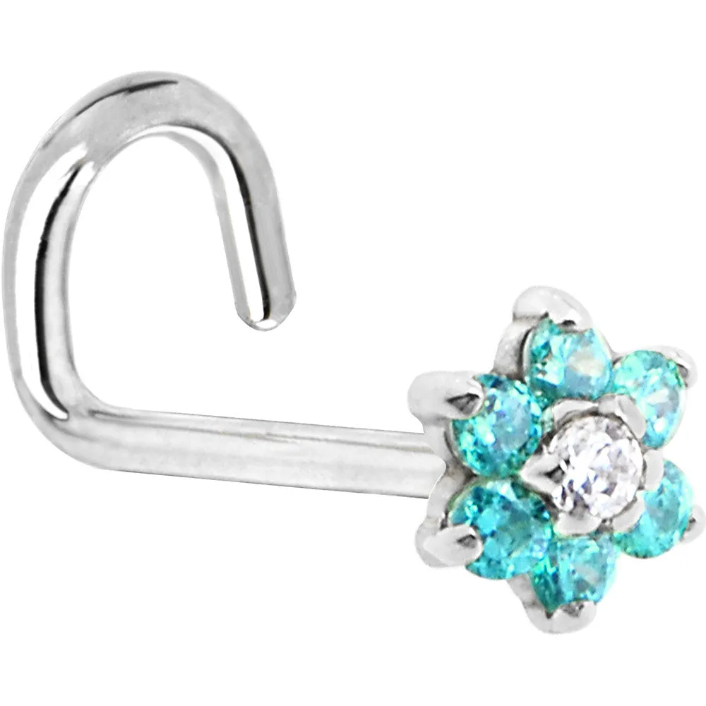 Solid 14KT White Gold Mint Green and Clear Cubic Zirconia Flower Nose Ring