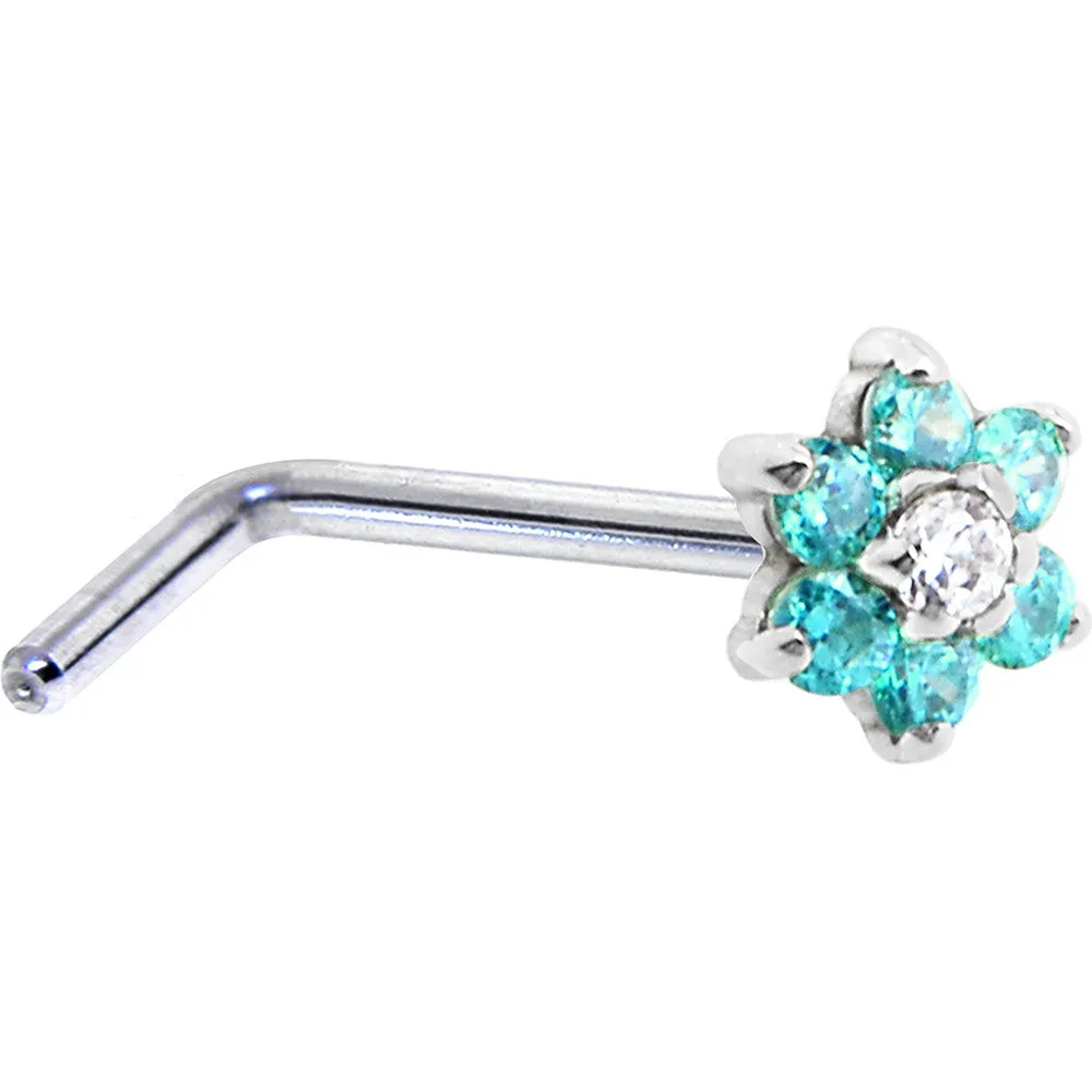 Solid 14KT White Gold Mint Green and Clear Cubic Zirconia Flower Nose Ring