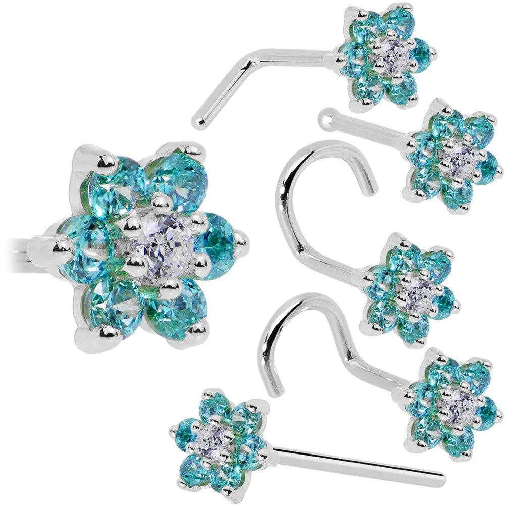 Solid 14KT White Gold Mint Green and Clear Cubic Zirconia Flower Nose Ring