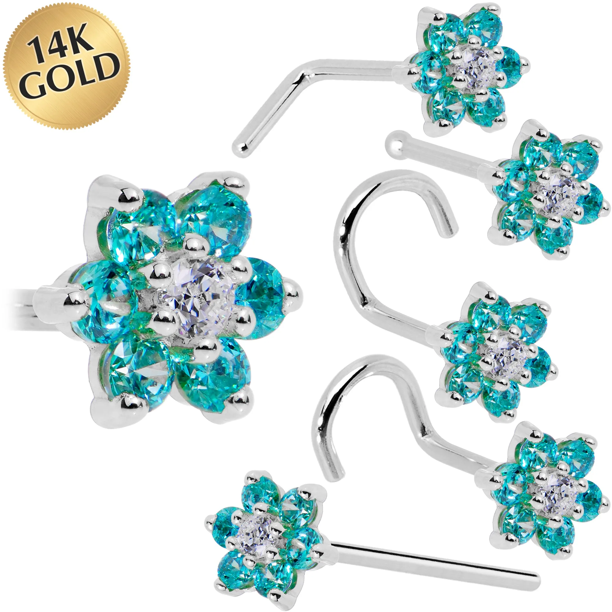 Solid 14KT White Gold Mint Green and Clear Cubic Zirconia Flower Nose Ring
