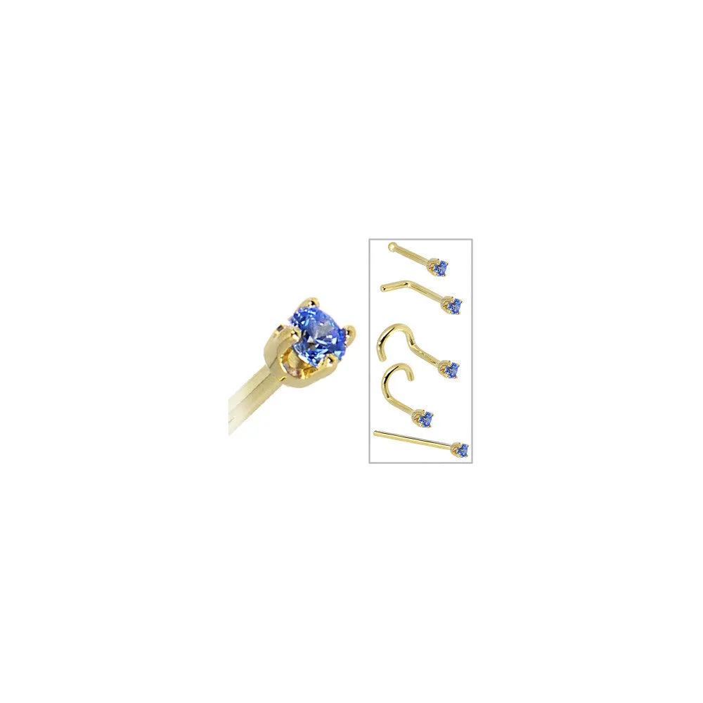Solid 14KT Yellow Gold 2mm Arctic Blue Cubic Zirconia Nose Ring