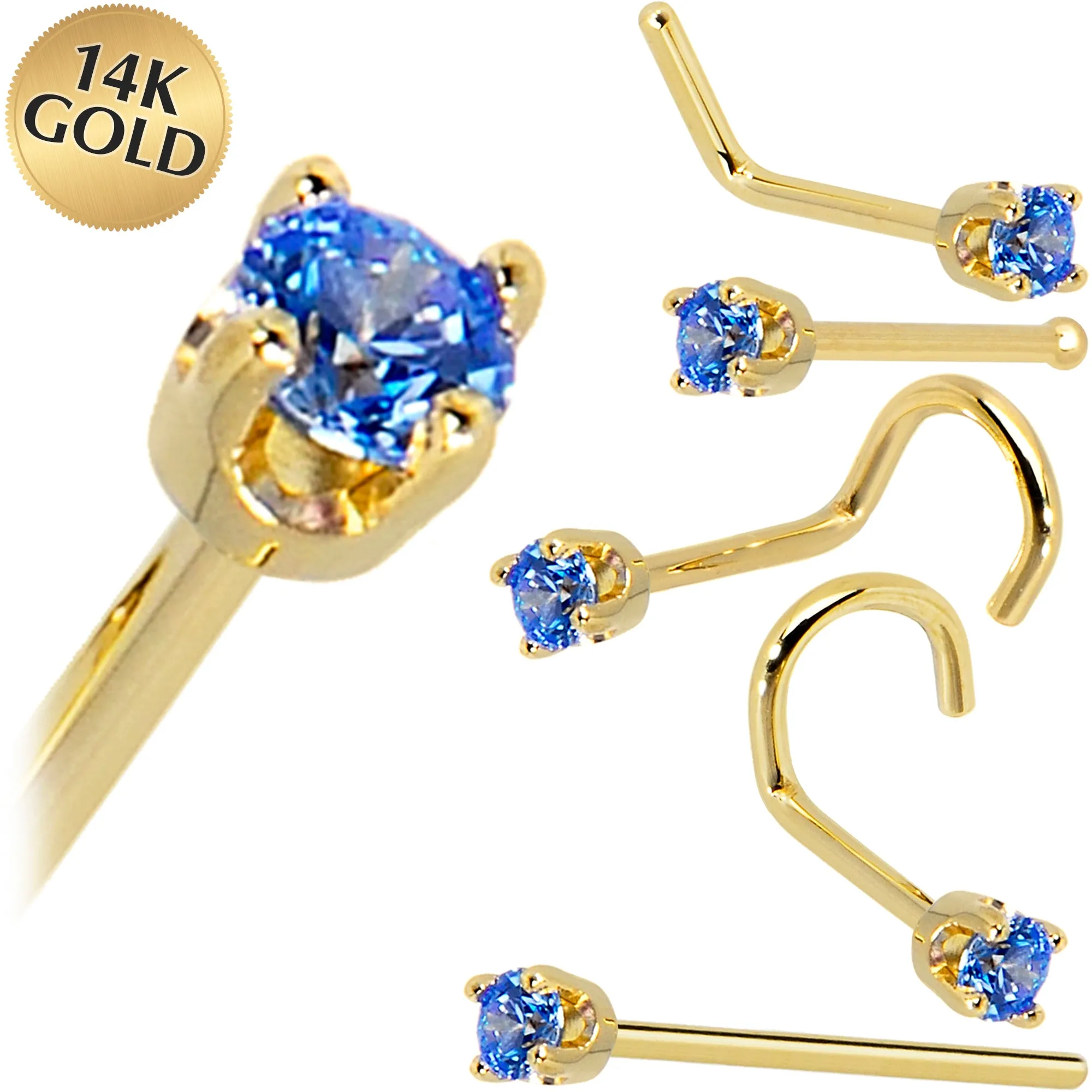 Solid 14KT Yellow Gold 2mm Arctic Blue Cubic Zirconia Nose Ring