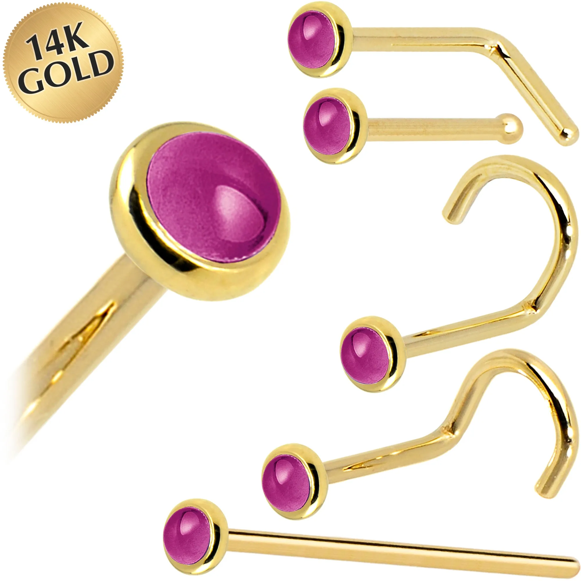 Solid 14KT Yellow Gold 2mm Genuine Pink Garnet Nose Ring