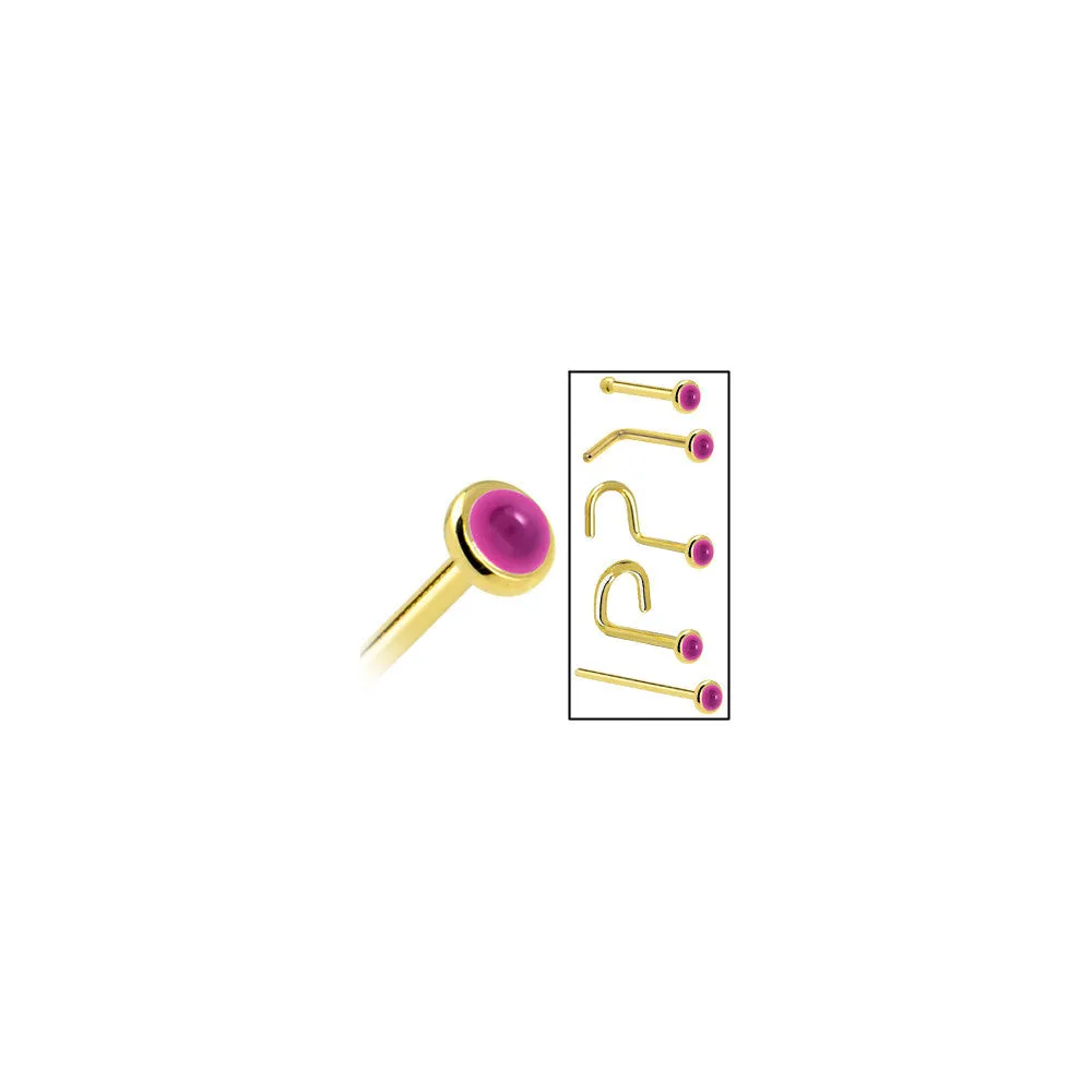 Solid 14KT Yellow Gold 2mm Genuine Pink Garnet Nose Ring