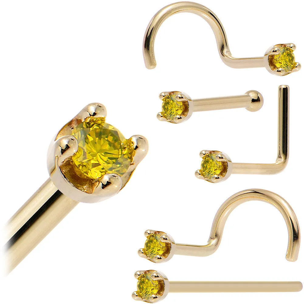 Solid 14KT Yellow Gold (November) 1.5mm Genuine Yellow Diamond Nose Ring