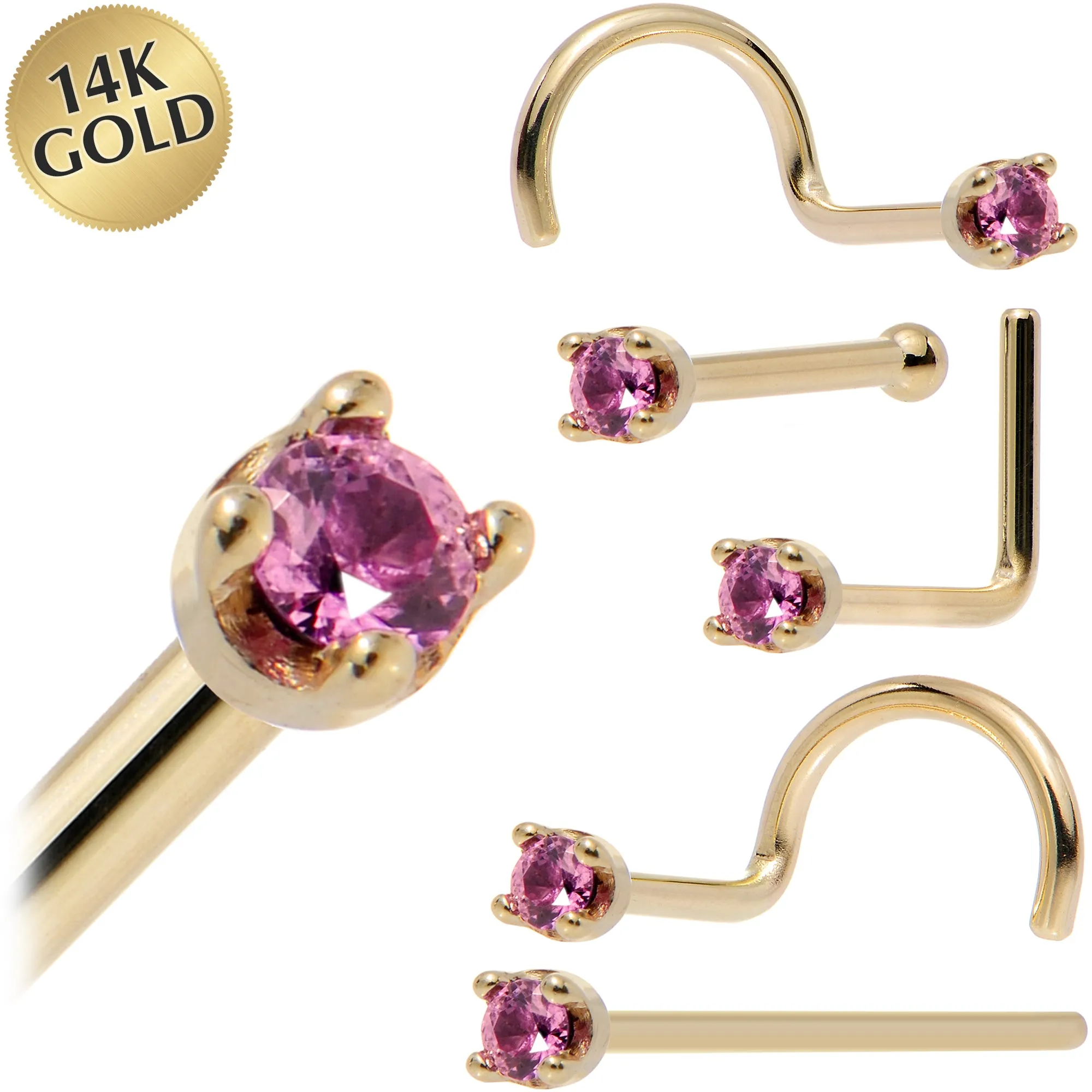 Solid 14KT Yellow Gold (October) 1.5mm Genuine Pink Sapphire Nose Ring
