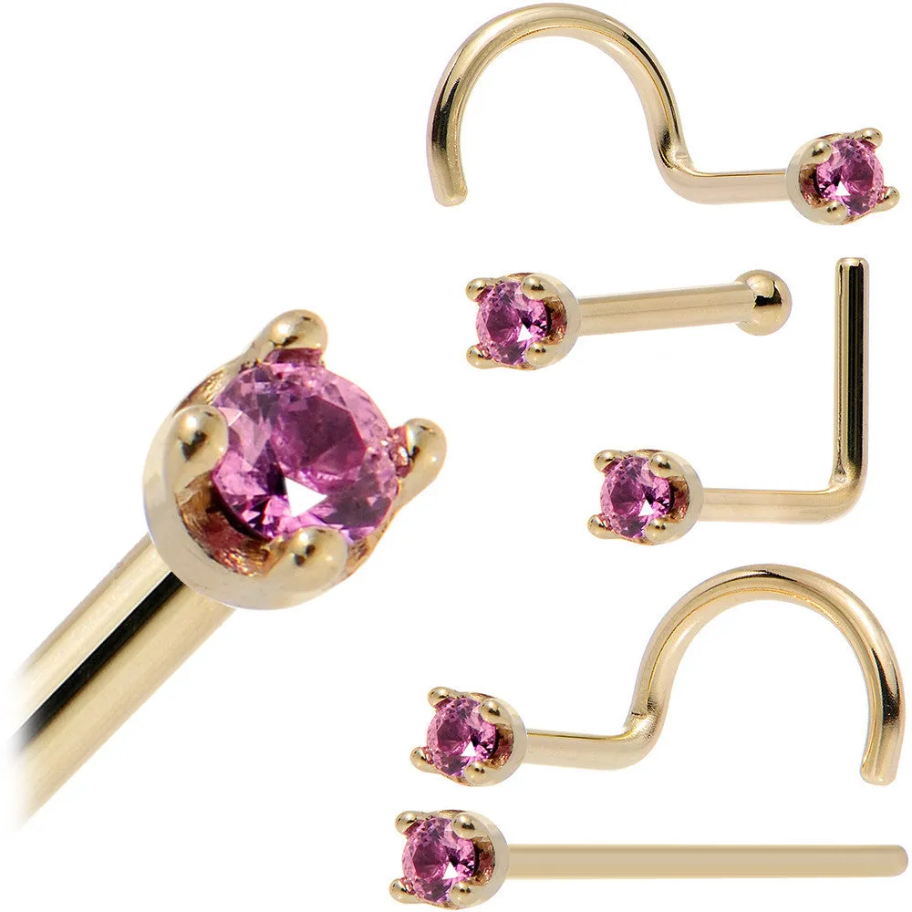 Solid 14KT Yellow Gold (October) 1.5mm Genuine Pink Sapphire Nose Ring