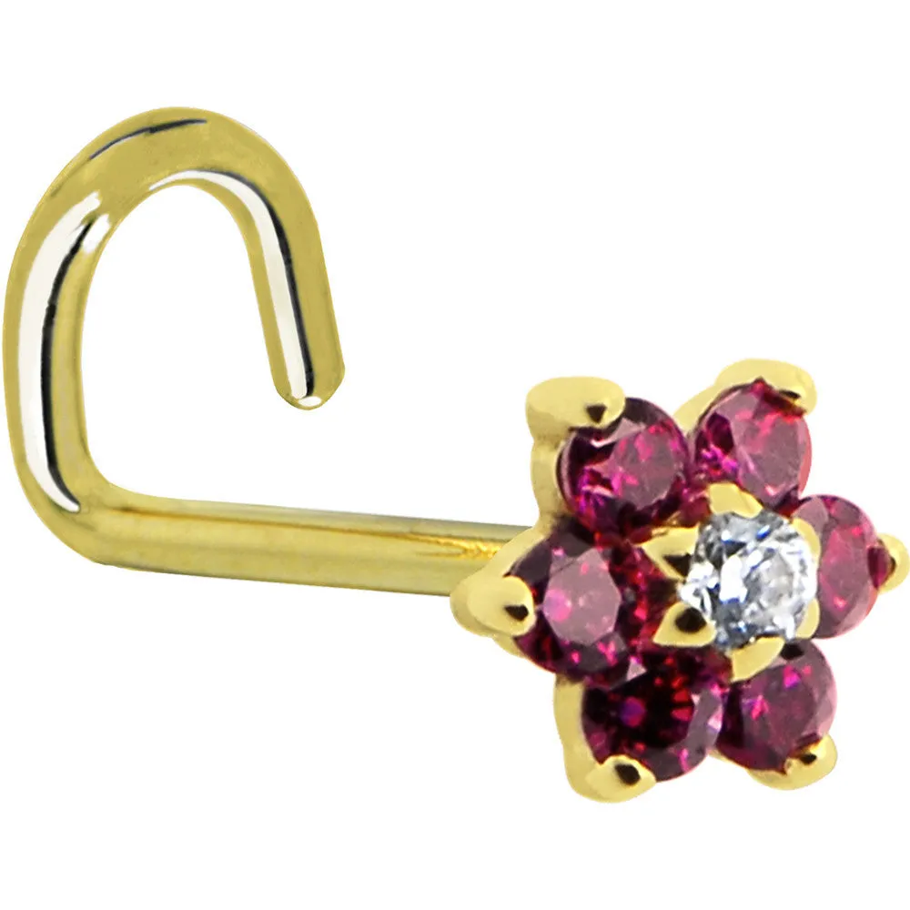 Solid 14KT Yellow Gold Red and Clear Cubic Zirconia Flower Nose Ring