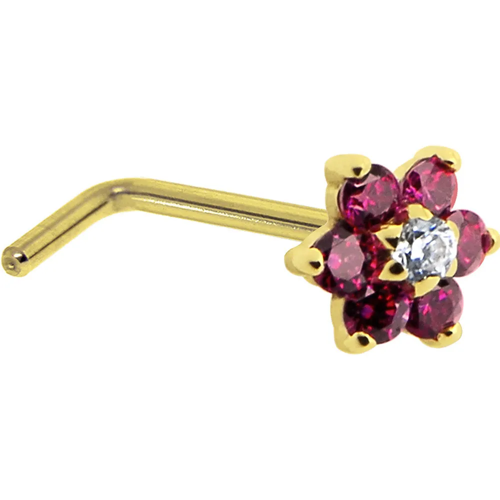 Solid 14KT Yellow Gold Red and Clear Cubic Zirconia Flower Nose Ring