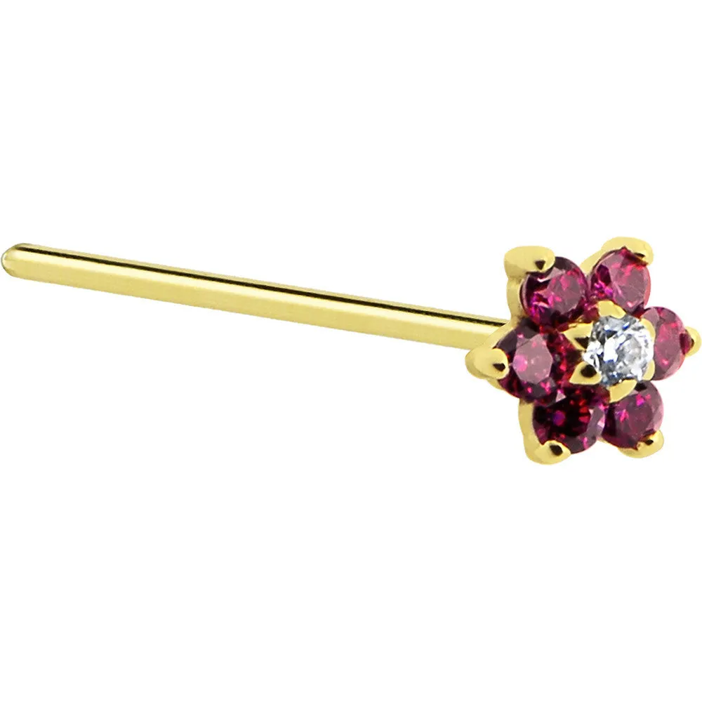 Solid 14KT Yellow Gold Red and Clear Cubic Zirconia Flower Nose Ring