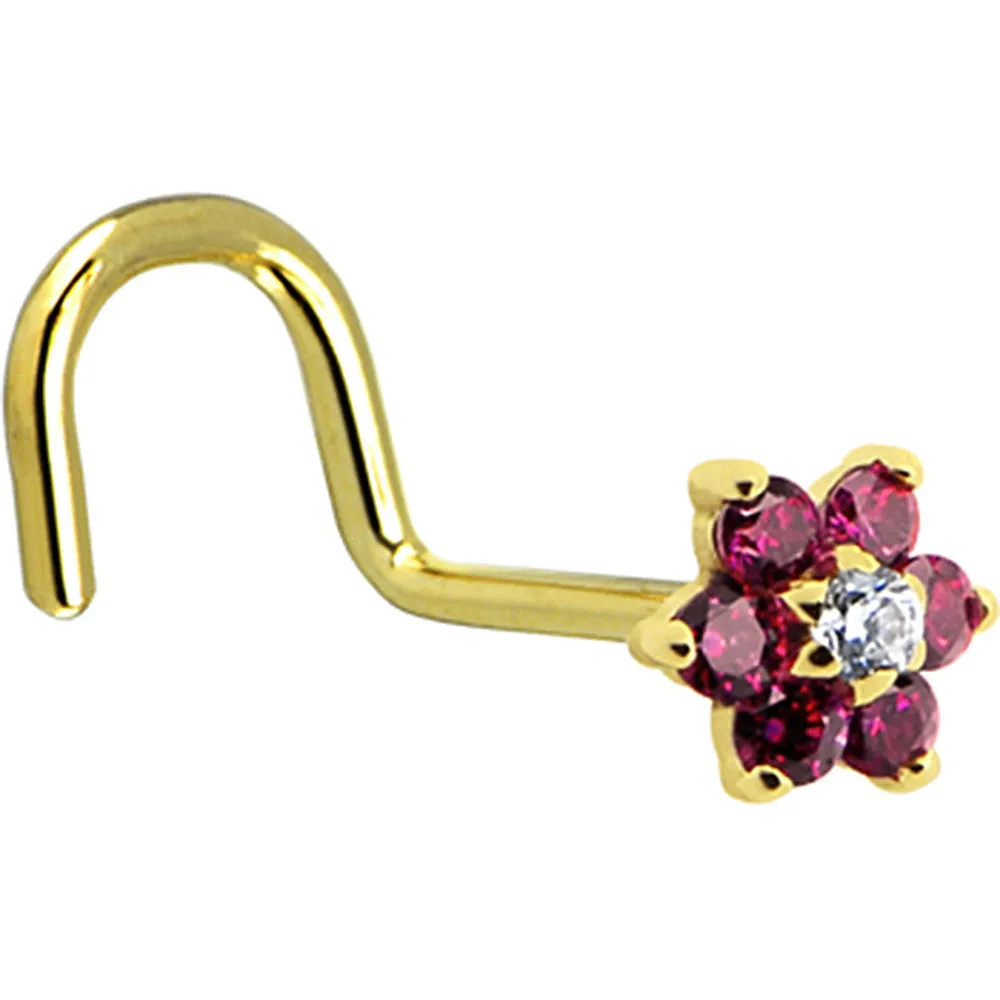 Solid 14KT Yellow Gold Red and Clear Cubic Zirconia Flower Nose Ring