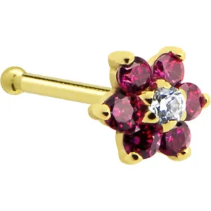 Solid 14KT Yellow Gold Red and Clear Cubic Zirconia Flower Nose Ring