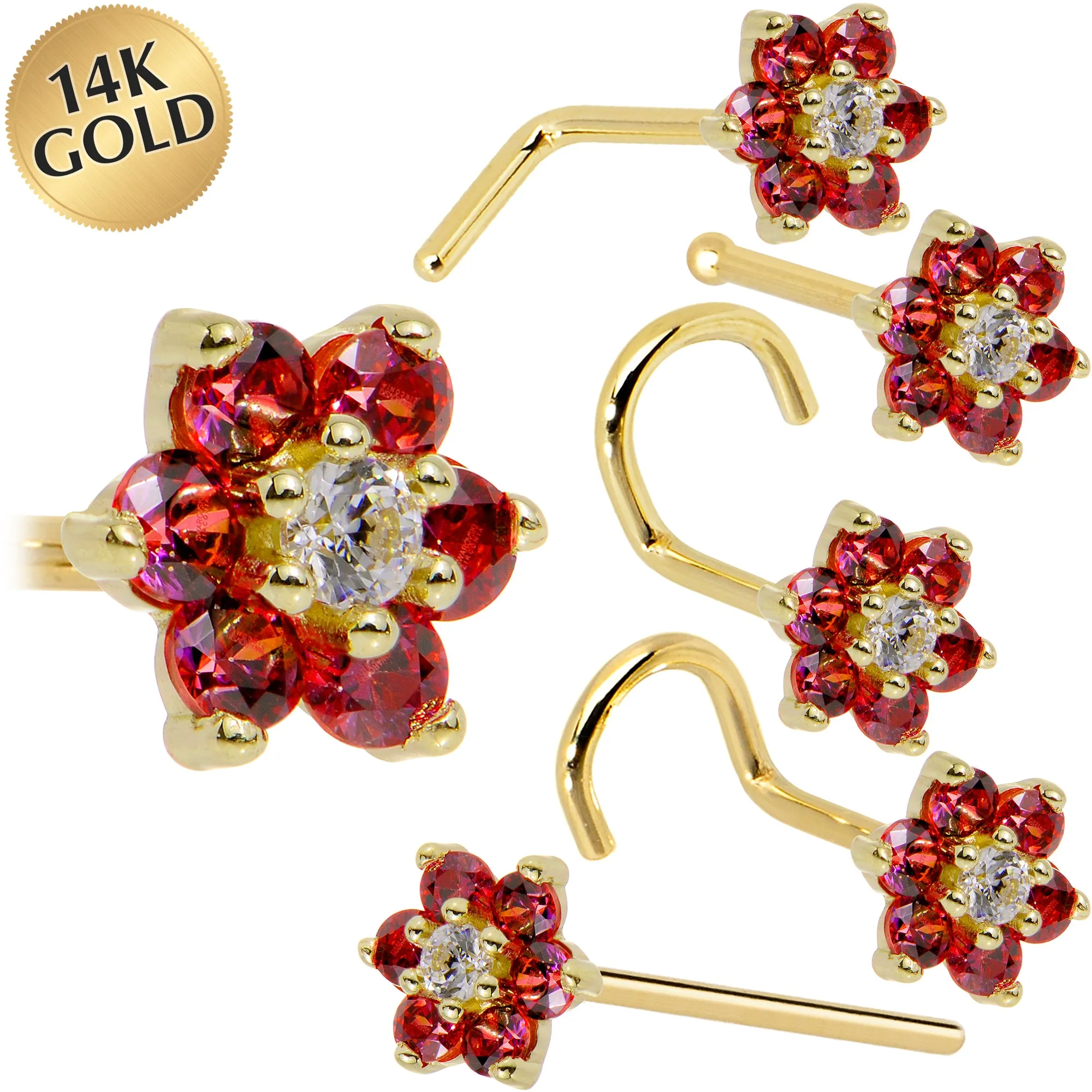 Solid 14KT Yellow Gold Red and Clear Cubic Zirconia Flower Nose Ring