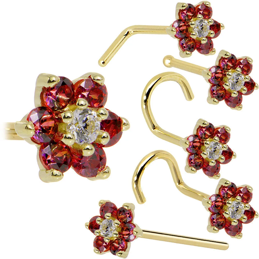 Solid 14KT Yellow Gold Red and Clear Cubic Zirconia Flower Nose Ring