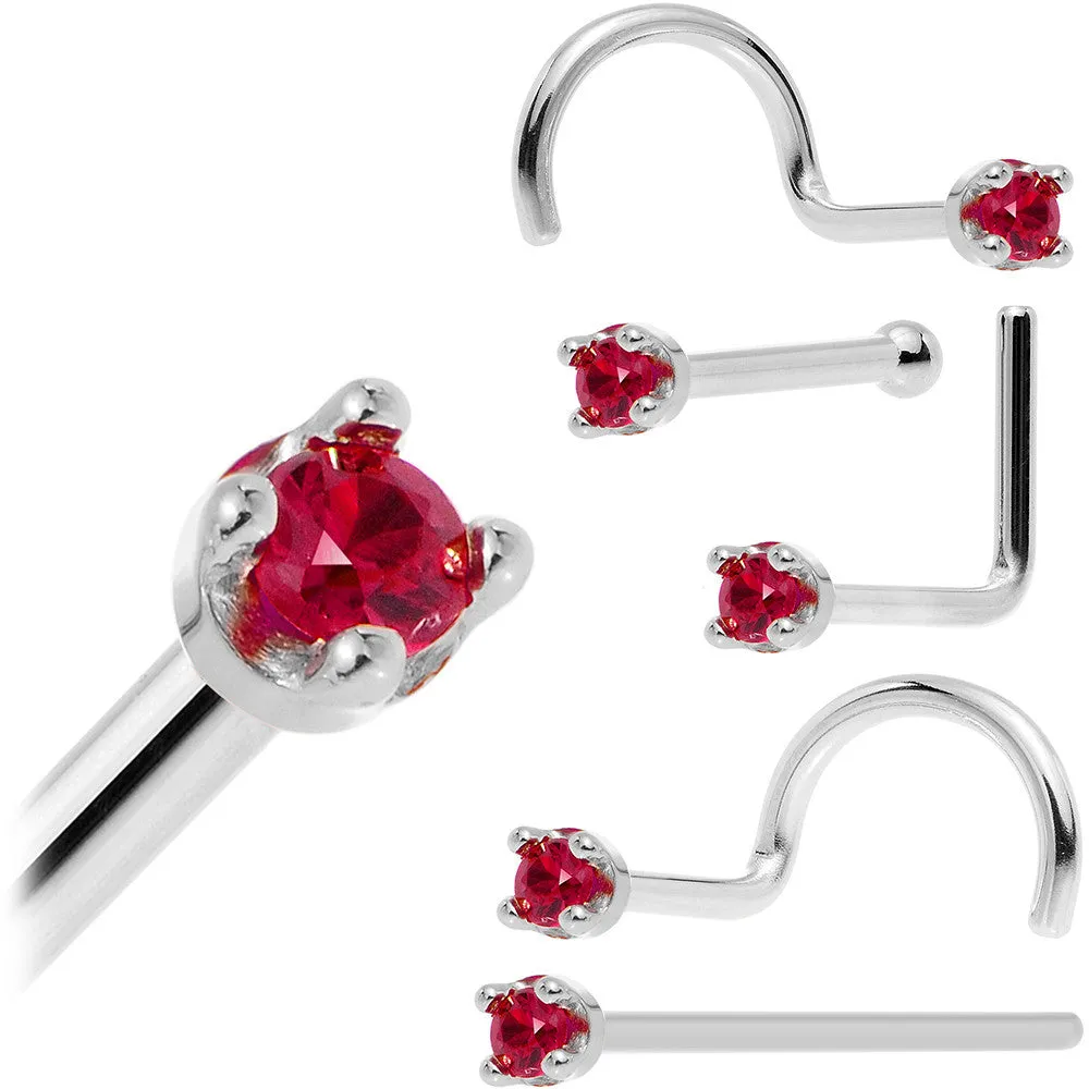 Solid 18KT White Gold 1.5mm Diamond Cut Genuine Ruby Nose Ring