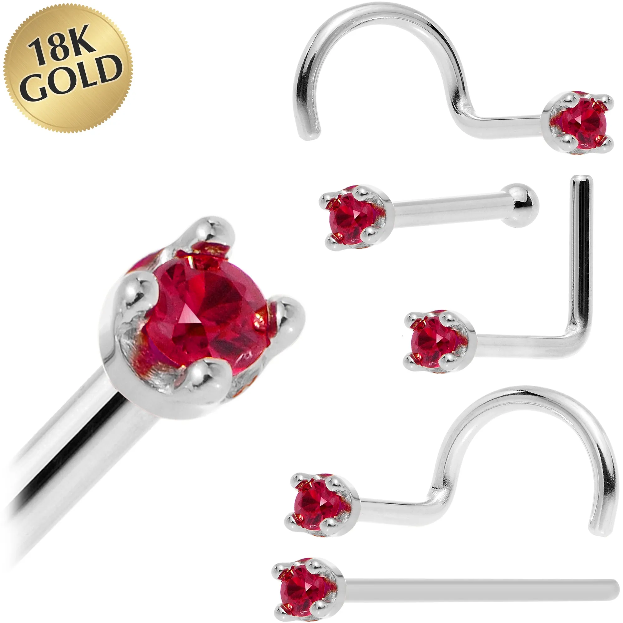 Solid 18KT White Gold 1.5mm Diamond Cut Genuine Ruby Nose Ring
