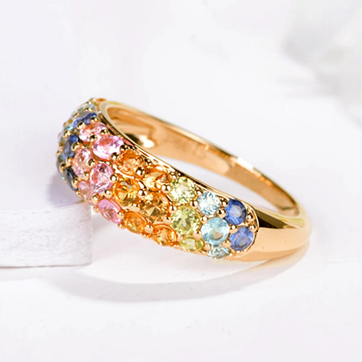 Solid Gold Rainbow Sapphire Dome Ring