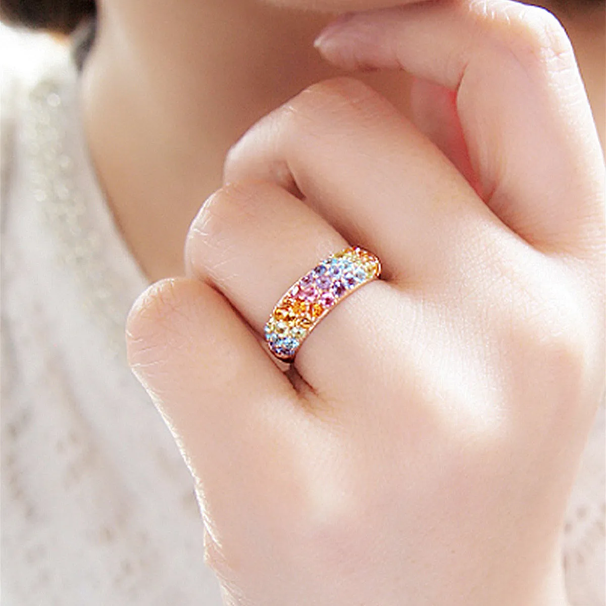 Solid Gold Rainbow Sapphire Dome Ring