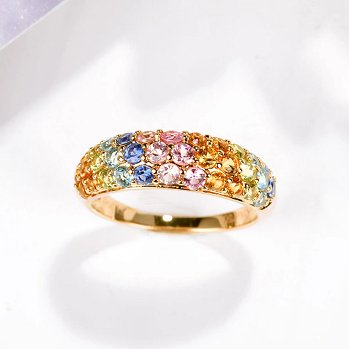 Solid Gold Rainbow Sapphire Dome Ring