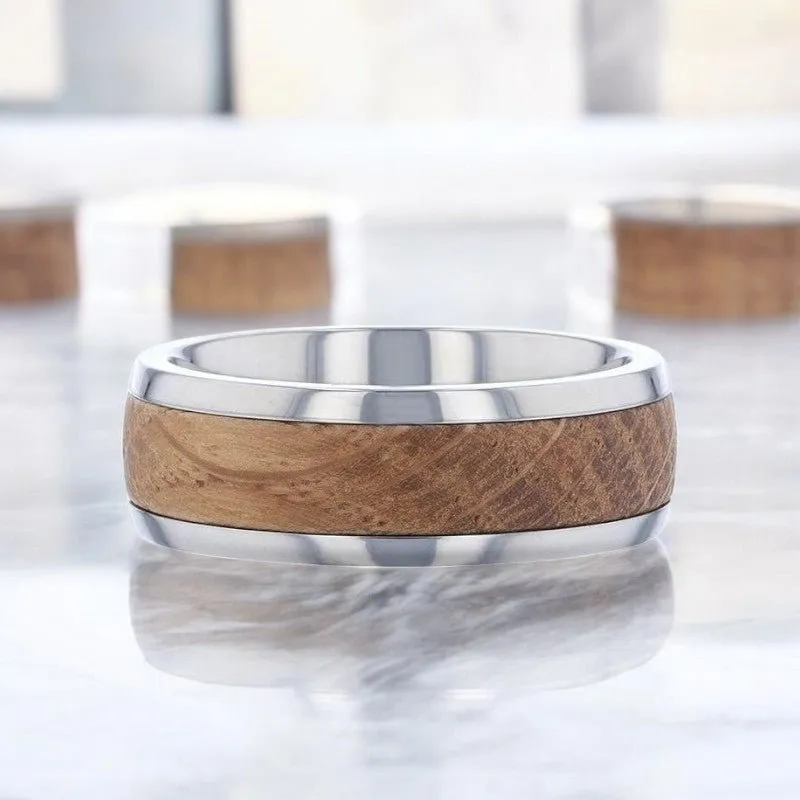STAVE | Silver Titanium Ring, Whiskey Barrel Wood Inlay, Domed
