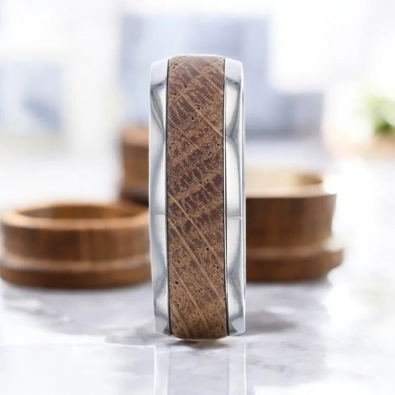 STAVE | Silver Titanium Ring, Whiskey Barrel Wood Inlay, Domed