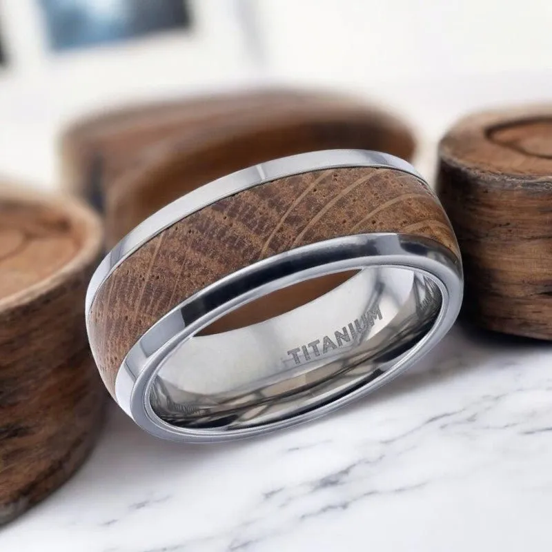 STAVE | Silver Titanium Ring, Whiskey Barrel Wood Inlay, Domed