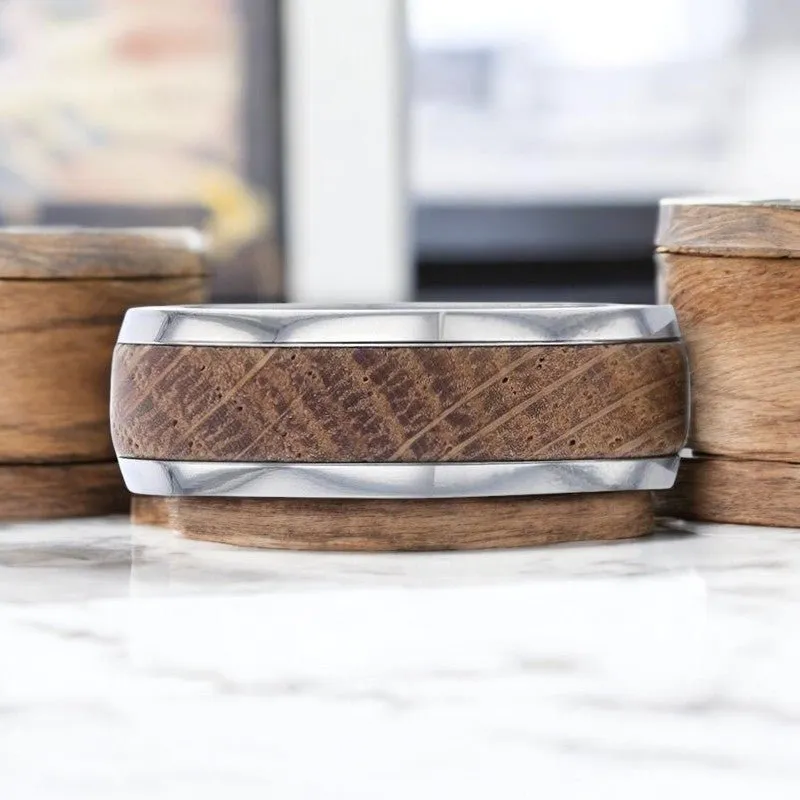 STAVE | Silver Titanium Ring, Whiskey Barrel Wood Inlay, Domed