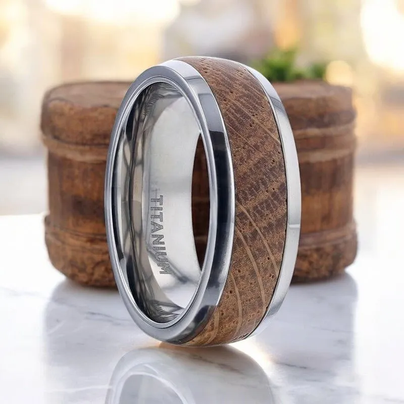 STAVE | Silver Titanium Ring, Whiskey Barrel Wood Inlay, Domed